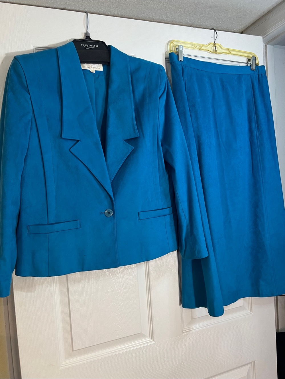 Vintage Two-Piece Teal Blue Jacket & Skirt Set with a suede look and feel